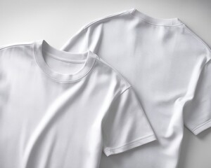 Two plain white t-shirts folded neatly on a white background awaiting design