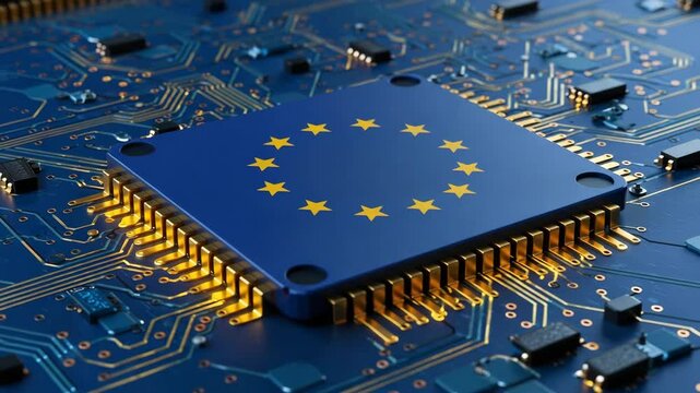European Union flag on a microchip, symbolizing EUs focus on technology and semiconductor industry development and innovation.