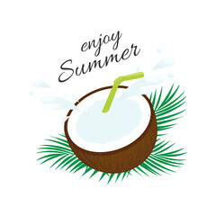 Enjoy the summer. A coconut cocktail composition with a drinking straw and sprinkles, decorated with tropical leaves on a white background. Vector illustration for summer design.