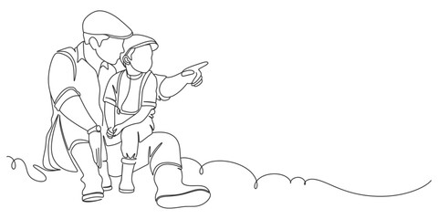 Fathers day line art style vector illustration, father and son line art illustration