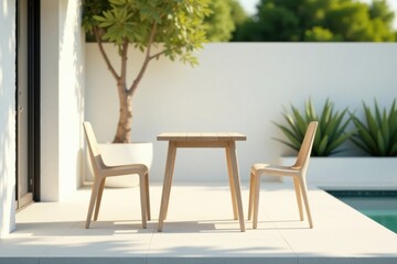 Fototapeta premium Minimalist Outdoor Patio Setting with Light Wooden Table and Chairs near Pool