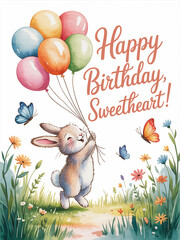 Adorable Watercolor Bunny Holding Balloons Happy Birthday Sweetheart Card
