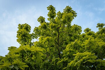 Fototapeta premium A lush canopy of chestnut tree leaves spreads under a bright blue sky, capturing the vibrant essence of springtime foliage and growth.