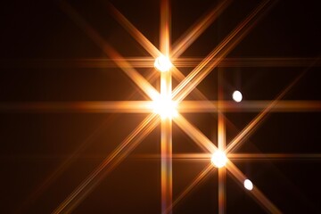 Multiple bright stage lights form vivid starburst patterns against a dark background, creating an...