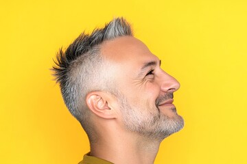 Obraz premium A graceful man with a warm and welcoming smile. Yellow solid background. Trendy men's crest haircut - midlife middle eastern man with short hair. Visual idea of style for aging men.