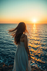 Fototapeta premium Woman Contemplating Sunset Over the Ocean