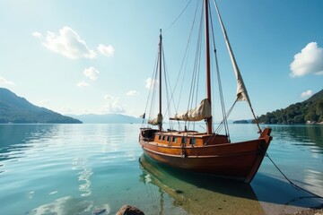 Obraz premium Small wooden sailboat docked at the water's edge , small boat, seafront