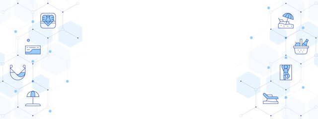 Vacation Banner Vector Illustration with Two-sided Icon Style. Line Duotone icon. Containing. picnic basket, beach, hammock, sun umbrella, sunbed, sunbathing