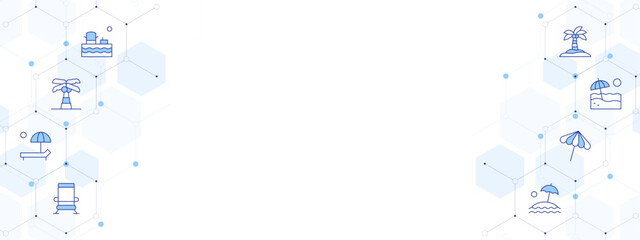 Vacation Banner Vector Illustration with Two-sided Icon Style. Line Duotone icon. Containing. sunbathe, palm tree, sunbed, beach chair, sun umbrella, umbrella, beach, coconut tree