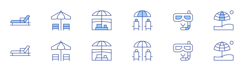 Vacation icon set in two styles, Duotone and Thin Line style. Editable stroke. lounger, vacation, parasol, snorkel gear, beach