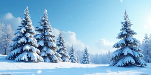 Snow-covered pine trees stand tall under a clear blue sky with gentle snowflakes falling around them, snow covered, winter park