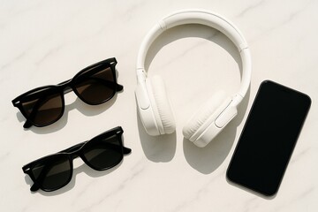 Flat lay of modern sunglasses with wireless headphones and smartphone on a marble table