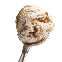 A delectable scoop of creamy vanilla ice cream with walnuts and caramel topping , isolated on white background png