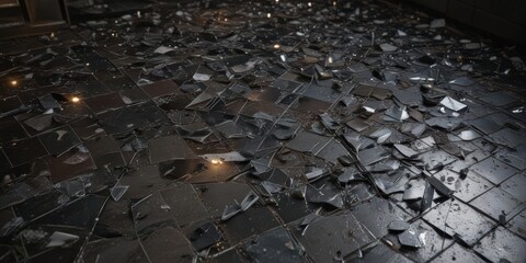 Fototapeta premium Broken glass shards, cracked tiles, exposed electrical wiring Dark, gritty floor , floor, gritty, neglect