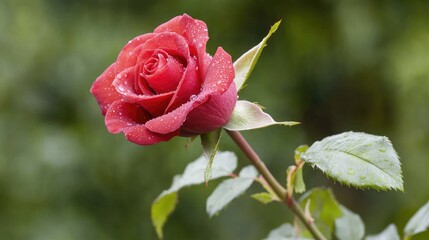 Red rose bloom with water droplets close up floral beauty in natural light garden freshness
