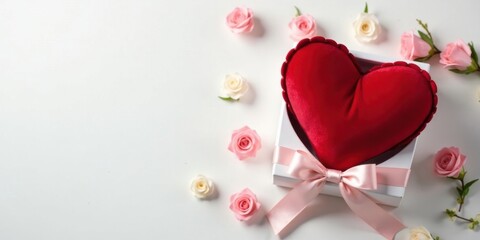 Fototapeta premium Romantic heart-shaped gift nestled in a pristine white box, adorned with a delicate pink ribbon and surrounded by a scattering of charming pastel roses, creating a scene of heartwarming affection.