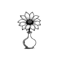 Elegant floral drawing of a sunflower in a vase with graceful petal structure