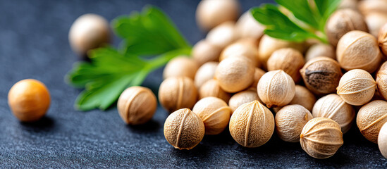 Coriander seeds scattered on dark surface with fresh green herb leaf in background, natural and fresh