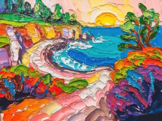 Vibrant Seascape with Thick Paint Strokes and Sunlit Horizon Scenery