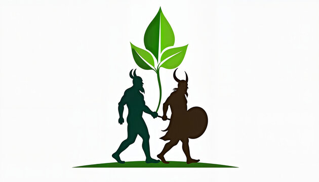 Eco Fantasy Illustration with Human Figure, Squirrel Silhouette and Green Leaf Symbol