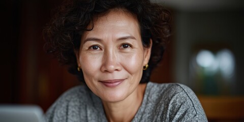 Older asian woman engaged in online activity at home