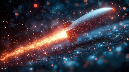 Cosmic Rocket Launch: A Digital Art Depiction of a Rocket Soaring Through a Starry Sky, Leaving a Trail of Sparkling Energy.