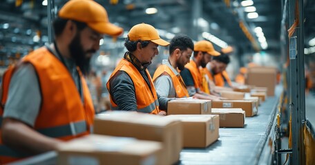Team of Young Workers Organizing Parcels on a Conveyor in a Busy Warehouse, Ensuring Online Orders Reach Customer Delivery Without Delay. Employees in Safety Vests and Caps Handle Packages at Work
