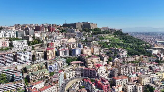 Saint Elmo Castle At Naples Campania Italy. Birds Eye View Of Medieval Building In Famous District Of City. Business Sky Clouds Downtown Cityscape. Business Downtown Panoramic City. Naples Campania.