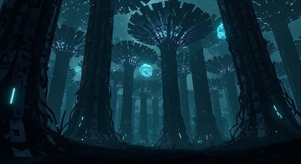 Obraz premium Abstract forest illustration with glowing canopies and blue light