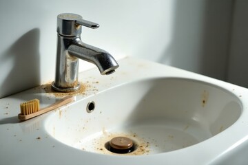 A Messy Bathroom Sink with a Spilled Substance and a Wooden Toothbrush