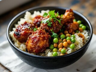 Delicious Jamaican Jerk Chicken and Rice with Peas in a Black Bowl