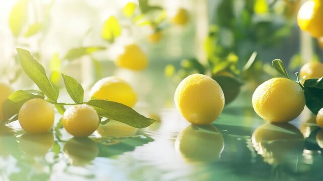 A bunch of lemons are floating in a pool of water. The lemons are yellow and are scattered throughout the water. The scene has a peaceful and calming mood