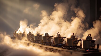 Fototapeta premium Steam Rising from Multiple Cooking Pots in a Dimly Lit Kitchen Setting