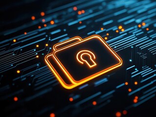 Locked file folder icon surrounded by subtle data flow lines, minimalist style cyber defense metaphor