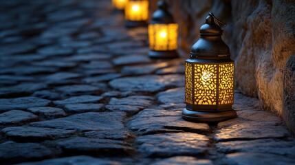 Ambient Lanterns Illuminating Cobblestone Pathway at Dusk