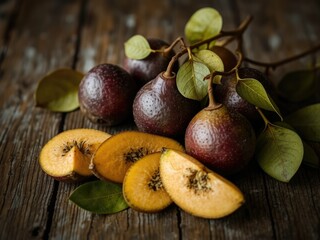 Fototapeta premium Fresh Quince on Rustic Wooden Surface, Close-up