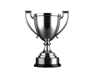 High-quality silver trophies with realistic metallic textures, rendered in 3D with smooth finishes and modern shapes, perfect for transparent PNG usage and competition themes