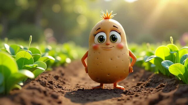 Cartoon potato with big eyes says hello with joyful mood dancing on the path between beds against a field backdrop