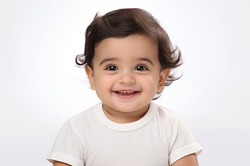 Smiling Indian Baby on White Background – Happy Infant Portrait, Isolated Cute Newborn with Traditional Features, Studio Shot for Family, Parenting, Culture or Healthcare Concepts