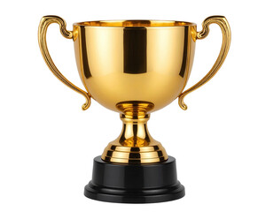 Realistic golden trophies made of polished metal, classic award shapes including cups and plaques, rendered in high detail with studio lighting on transparent PNG background
