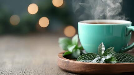 Hot beverage with mint cup steaming aromatherapy drink
