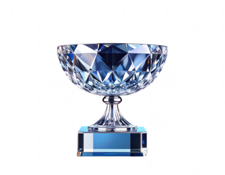 Luxurious 3D diamond material trophies with elegant sculpted designs, made entirely from transparent crystal, placed on transparent background, ideal for premium awards, championships and prizes