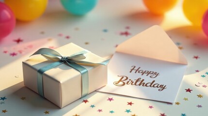 A celebratory present, a heartfelt message, and colorful confetti create a joyful birthday scene.