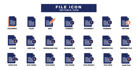Files icon set. Containing document, file, notes, edit, download, add file, JPG and more. Solid editable icons