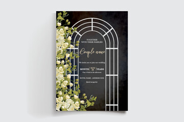 WEDDING INVITATION FRAME WITH FLOWER DECORATIONS AND FRESH LEAVES