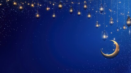 Fototapeta premium Magical Night Sky with Lanterns and Crescent Moon Background Design
