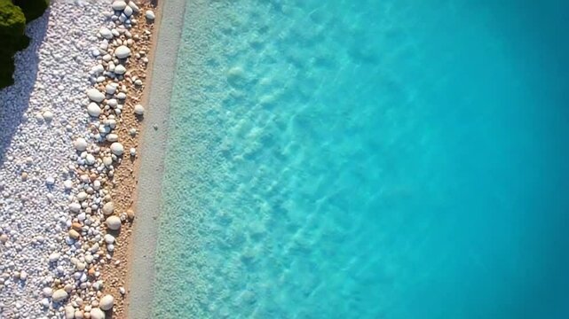 Top-down view of paradise pebble beach and crystal clear water. Rhodes, Greece
