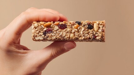 Close up of hand holding crunchy granola bar with nuts and dried fruits on neutral background
