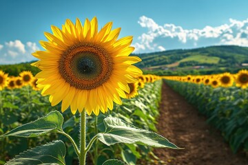 Sunflowers bloom vibrantly in a rural field under a clear blue sky
