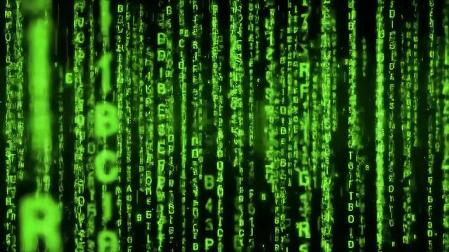 Animated digital rain effect with falling green letters and numbers for technology concept